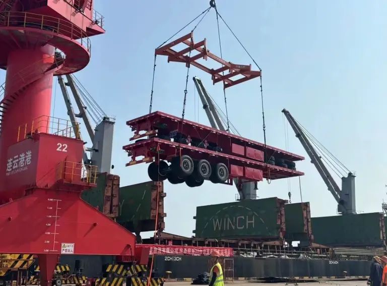 Red Flatbed Trailers Loaded at Lianyungang Port