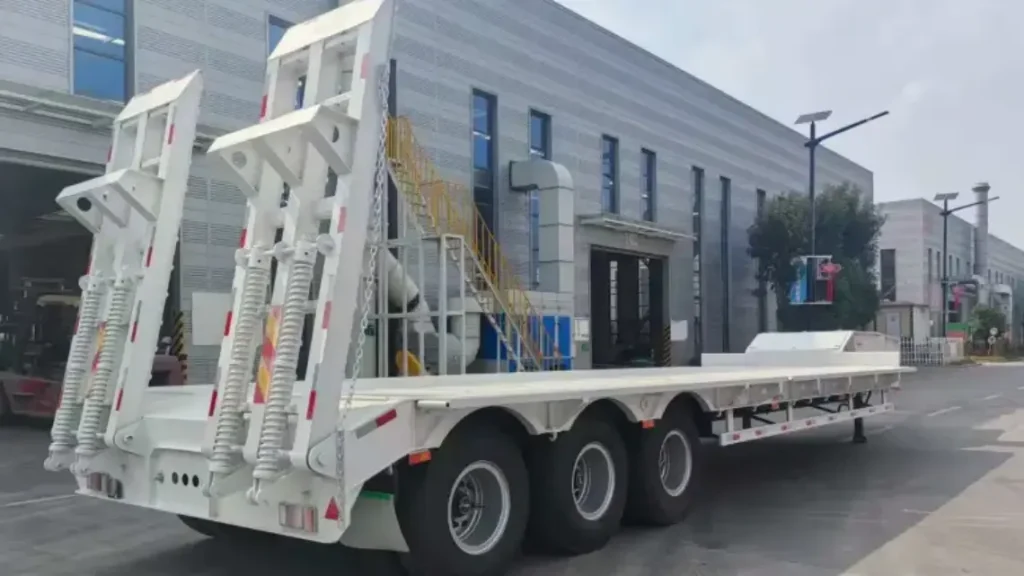3 axle lowbed trailer with hydraulic rear ramps ready for heavy equipment loading